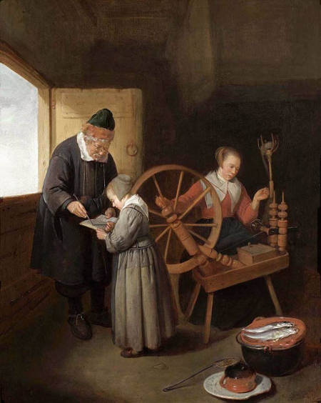 Interior With A School Master Teaching A Young Girl To Read, Another Girl Seated At A Spinning Wheel, Van Brekelenkam
